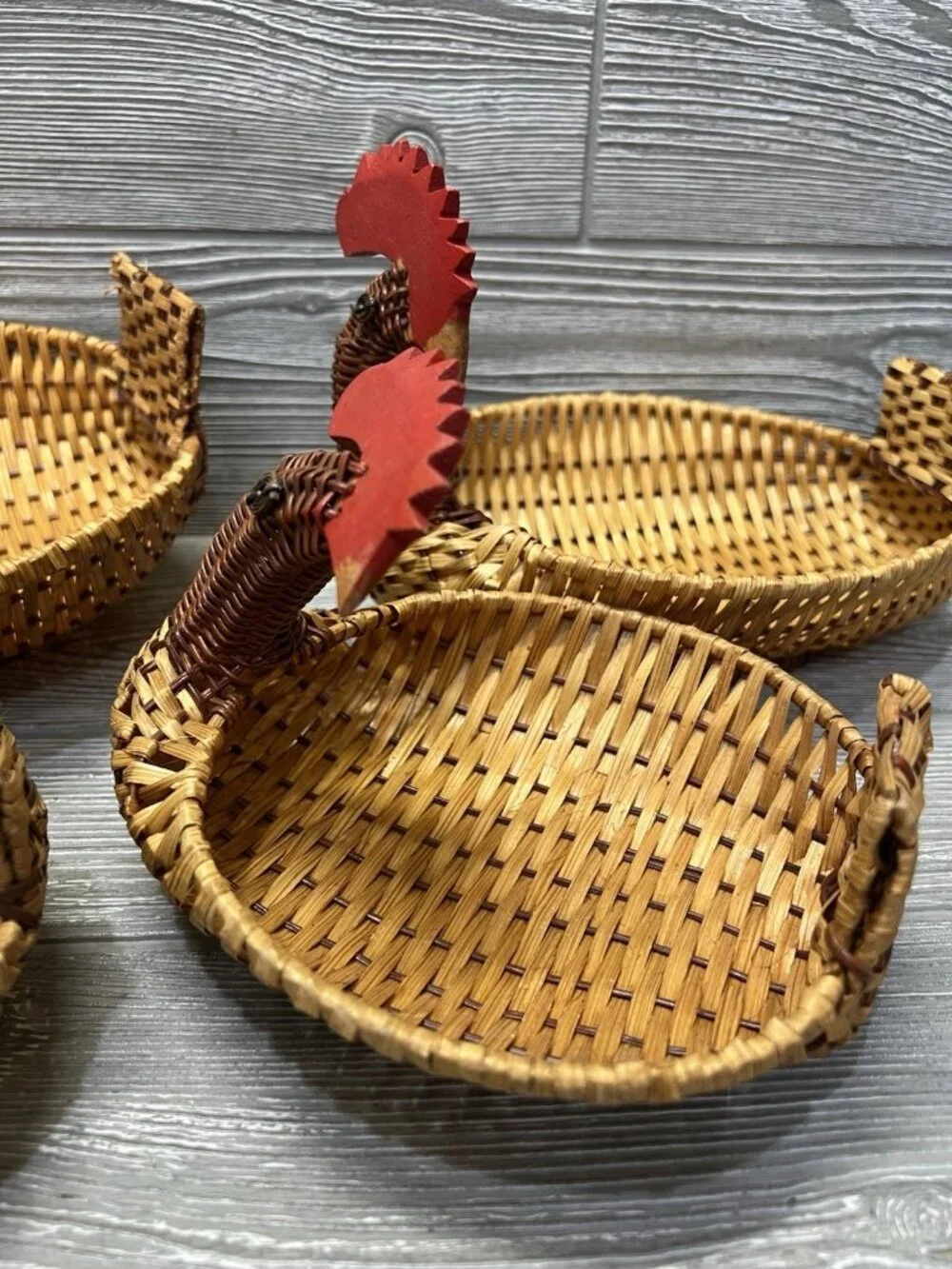 Vintage Nesting Rattan Baskets Chickens Roosters Set of 4 Farmhouse Decor 1970s